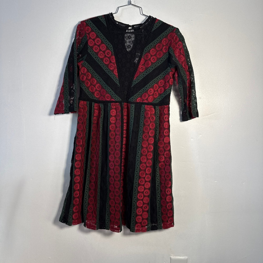 Free People Lace Mini Dress‎ Womens Small Black Red Green NWT Boho Stripe